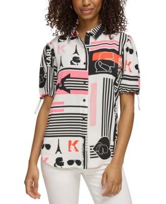 KARL LAGERFELD PARIS Women's Logo-Print Cinch-Sleeve Blouse