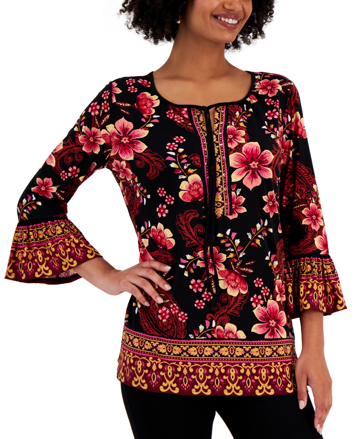 Jm Collection Women's Camila Border-Print Embellished Top, Created