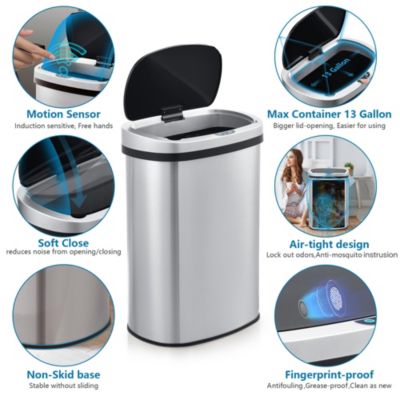 13 Gal./50 Liter Stainless Steel Oval Motion Sensor Trash Can for Kitchen