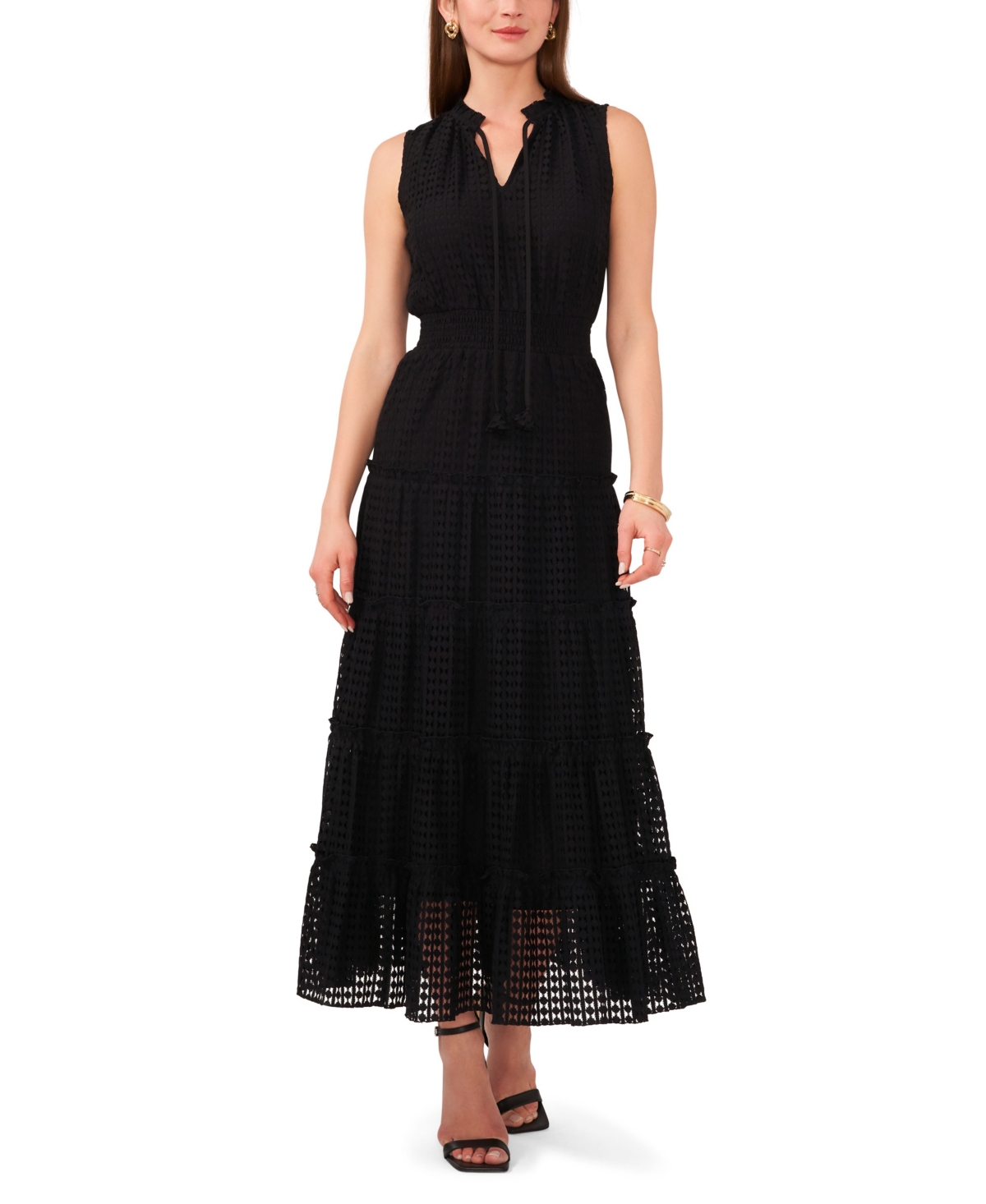 Shop 1.state Women's Sleeveless Tie V-neck Smocked-waist Maxi Dress In Rich Black