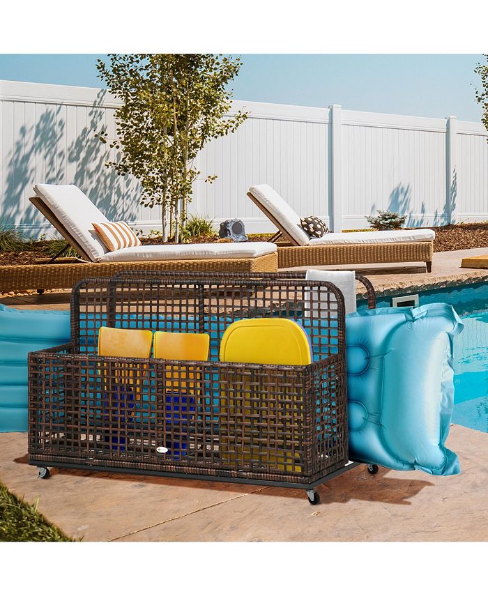 Outsunny Patio Wicker Pool Float Storage with Wheels, Outdoor Rolling PE Rattan Pool Caddy