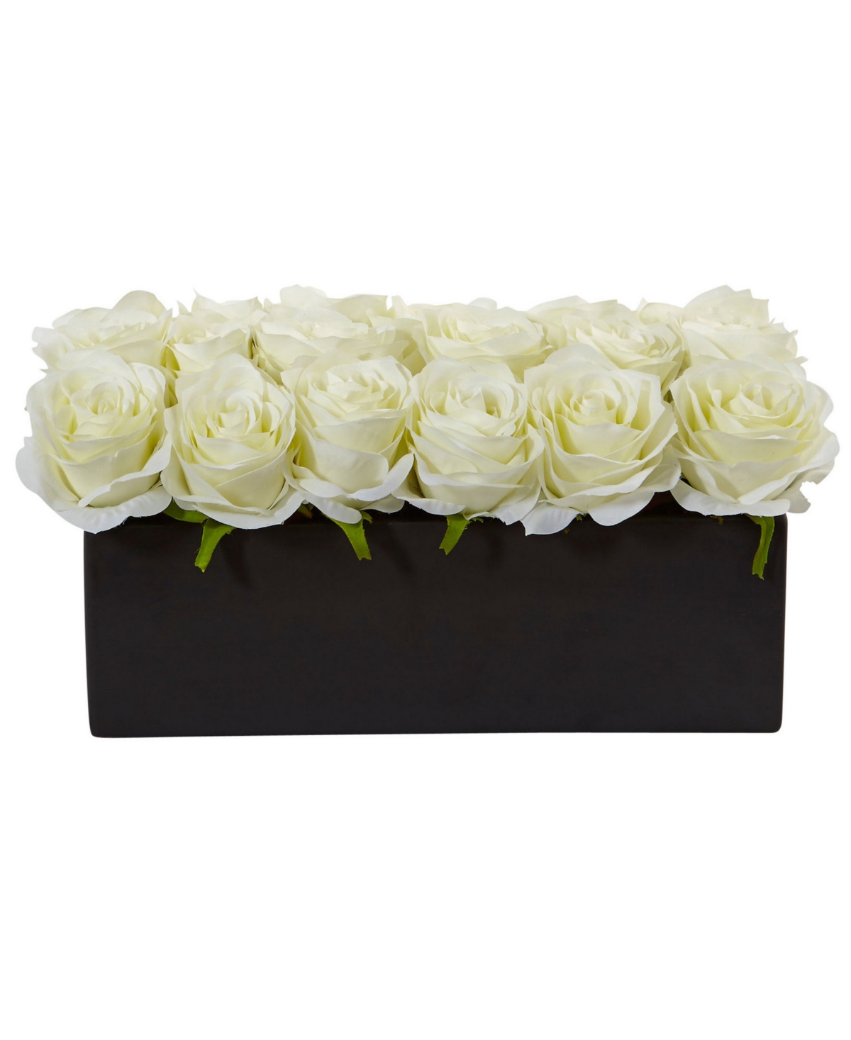NEARLY NATURAL DOZEN SILK ROSES IN CERAMIC RECTANGULAR PLANTER 