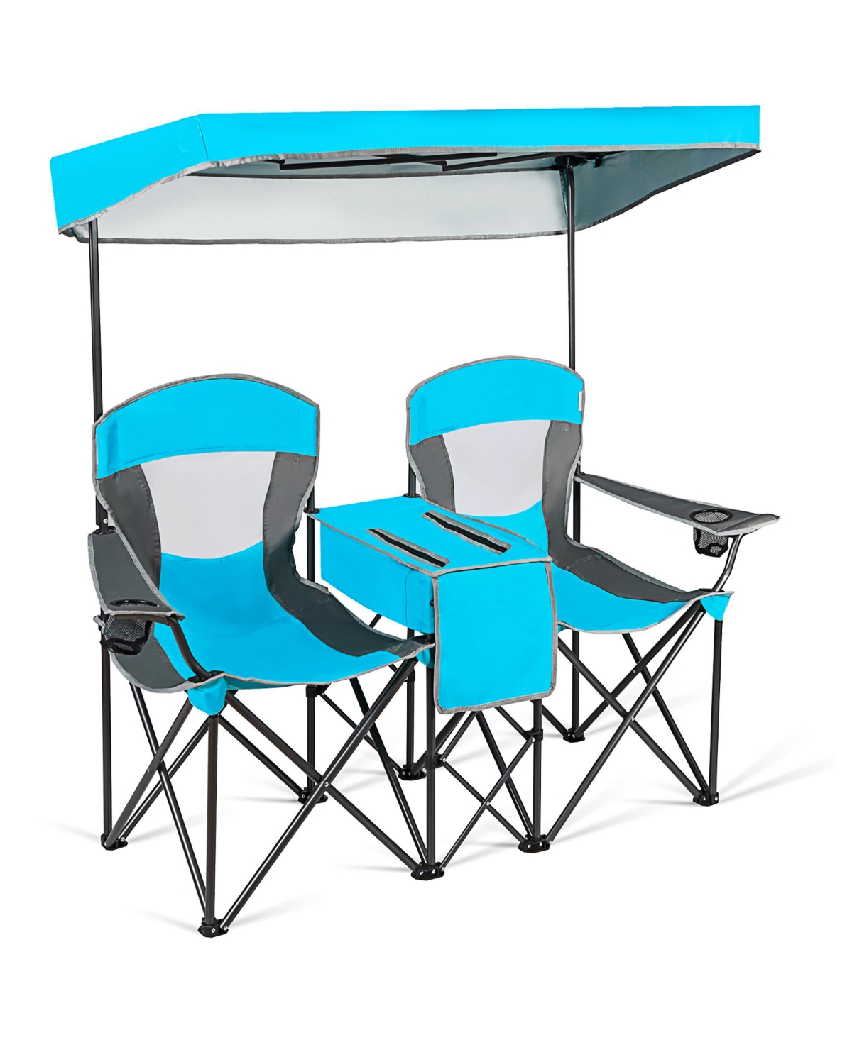 Portable Folding Camping Canopy Chairs w/ Cup Holder Cooler - Blue
