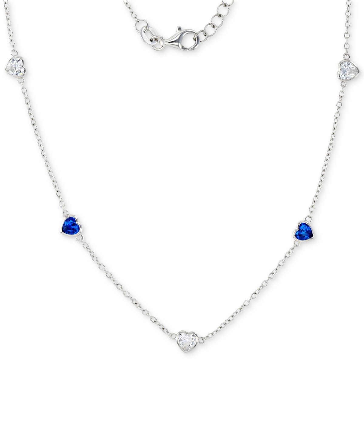 Macy's Cubic Zirconia Heart Station Collar Necklace In Sterling Silver, 16" + 2" Extender In Blue