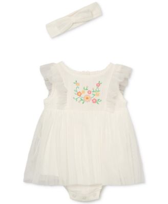 Little Me - Baby Girls Mesh Popover Bodysuit Dress and Headband, 2 Piece Set