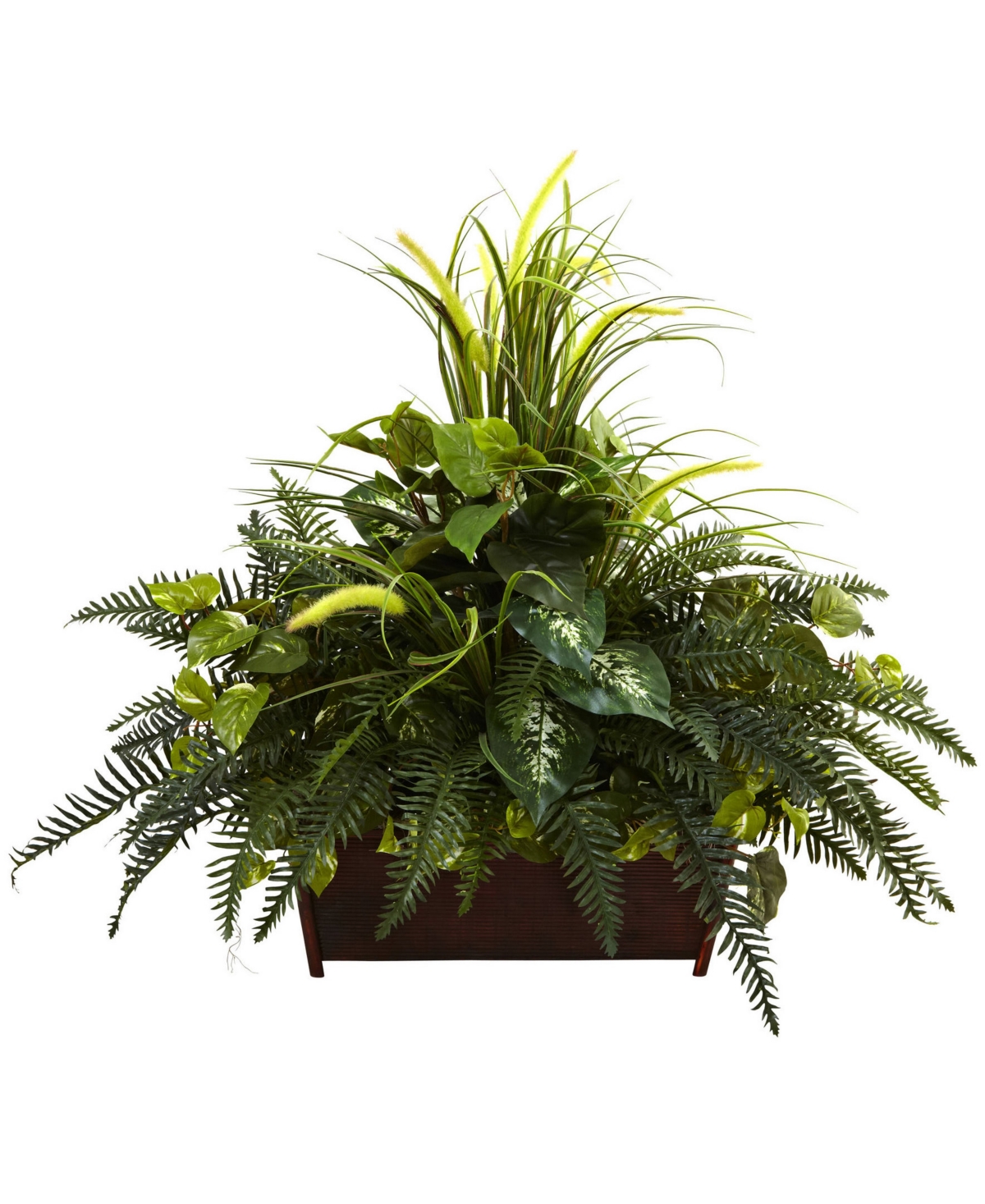 Mixed Grass and River Fern w/ Wood Planter - Green