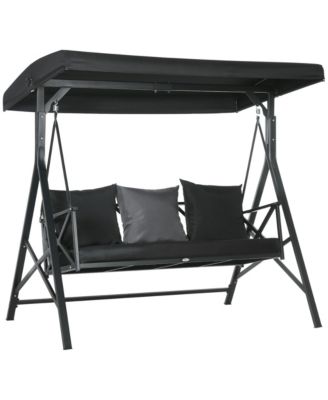 3-Seat Patio Swing Chair, Outdoor Canopy Swing Glider with Cushion with 3 Throw Pillows & Adjustable Shade for Porch, Garden, Poolside, Backyard, Black