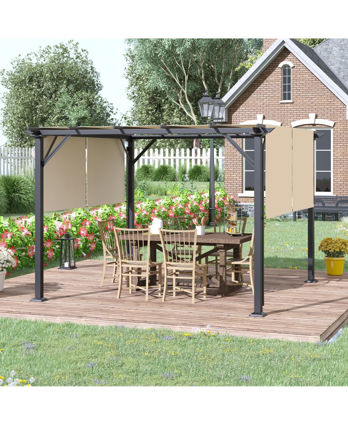 Outsunny 12' x 10' Outdoor Retractable Pergola Canopy with Sun Shade Unique Design Canopy Patio Metal Shelter for Garden Porch Beach,- Beige