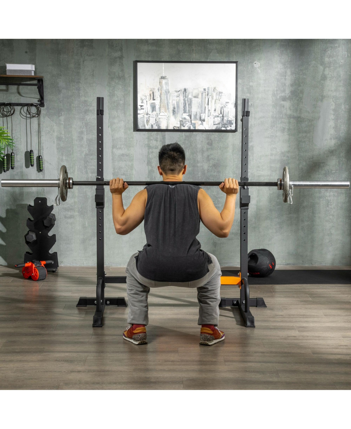 Soozier Adjustable Barbell Rack Squat Rack with Dip Station and Push Up Stand Multi Function Weight Lifting for Home Gym Black Smart Closet
