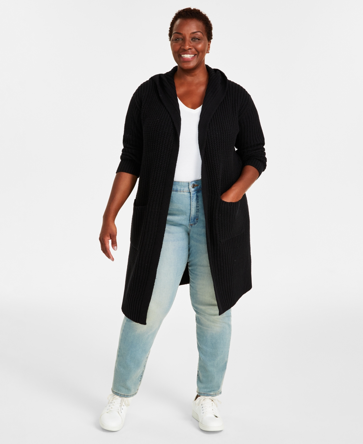 Style & Co Plus Size Hooded Cardigan, Created For Macy's In Deep Black