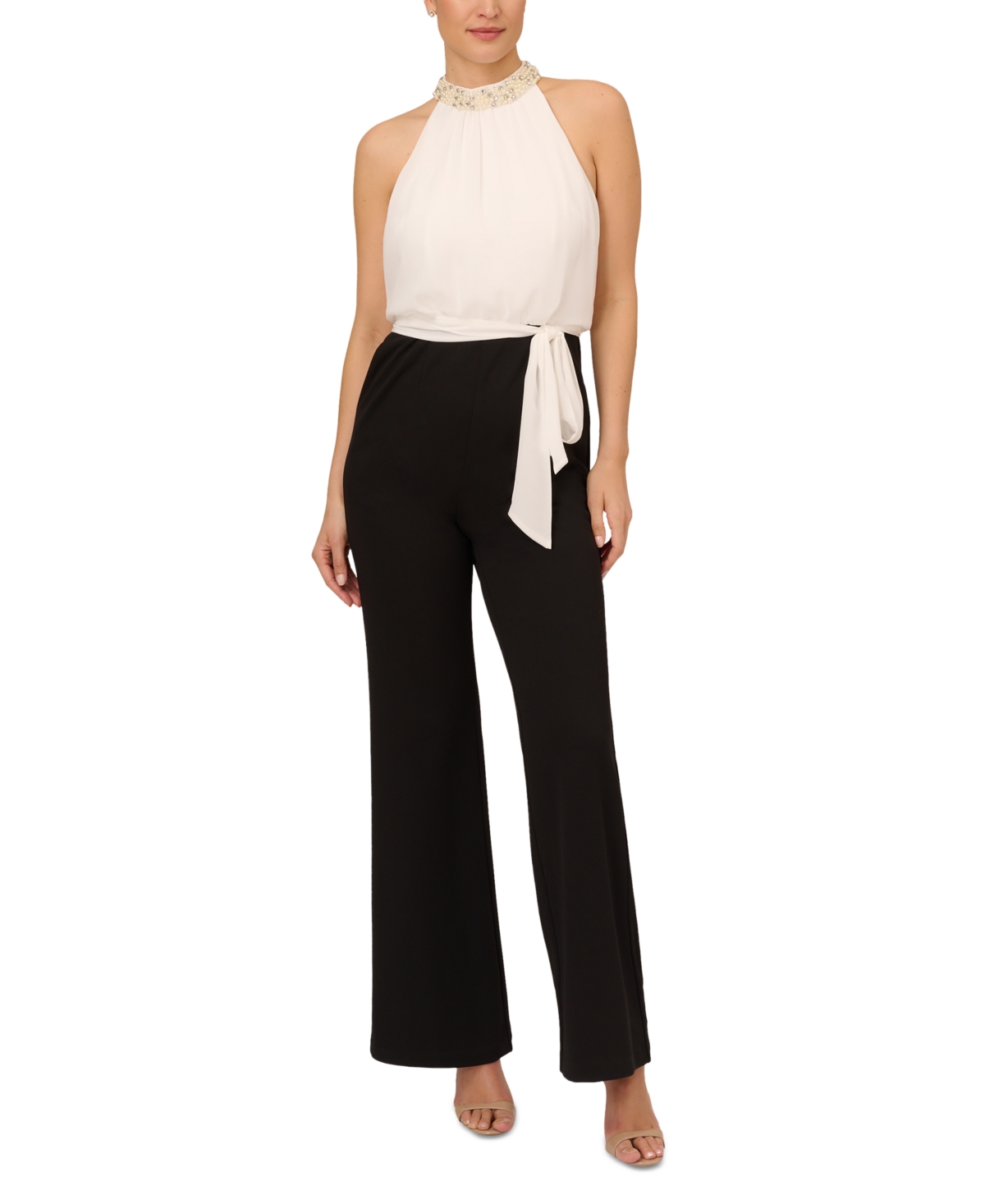 Adrianna Papell Embellished-neck Jumpsuit In Ivory Black