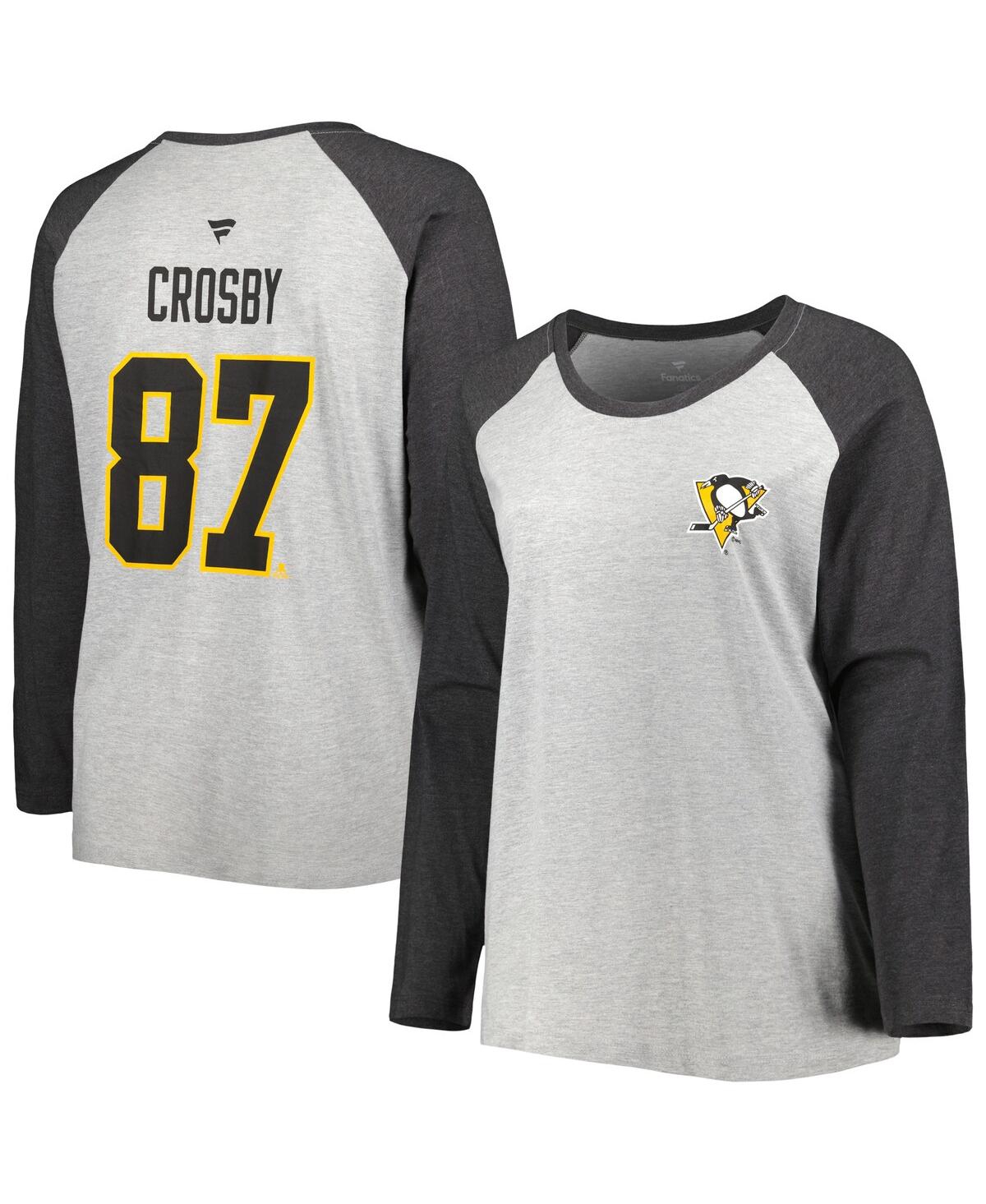 Women's Fanatics Sidney Crosby Heather Charcoal Pittsburgh Penguins Plus Size Name and Number Raglan Long Sleeve T-shirt - Heather Gray