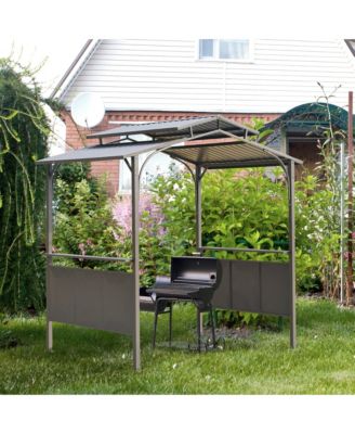 8'x5' BBQ Grill Gazebo with 2 Side Shelves, Outdoor Double Tiered Interlaced Polycarbonate Roof with Steel Frame, Brown