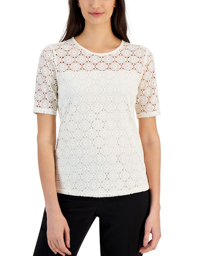 Anne Klein Women s Lace Elbow Sleeve Sheer Yoke Top Macy s