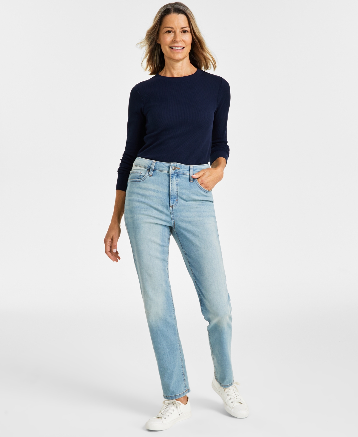 Petite High-Rise Natural Straight-Leg Jeans, Petite & Petite Short, Created for Macy's - Motif Wash