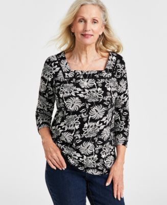 売れ筋商品|||スタイルアンドコー カットソー トップス レディース Petite Paisley Bloom Pintucked Top, Exclusively at Macy's Glories Ind Blu Style & Co Petite Printed Pintuck 3/4-Sleeve Top