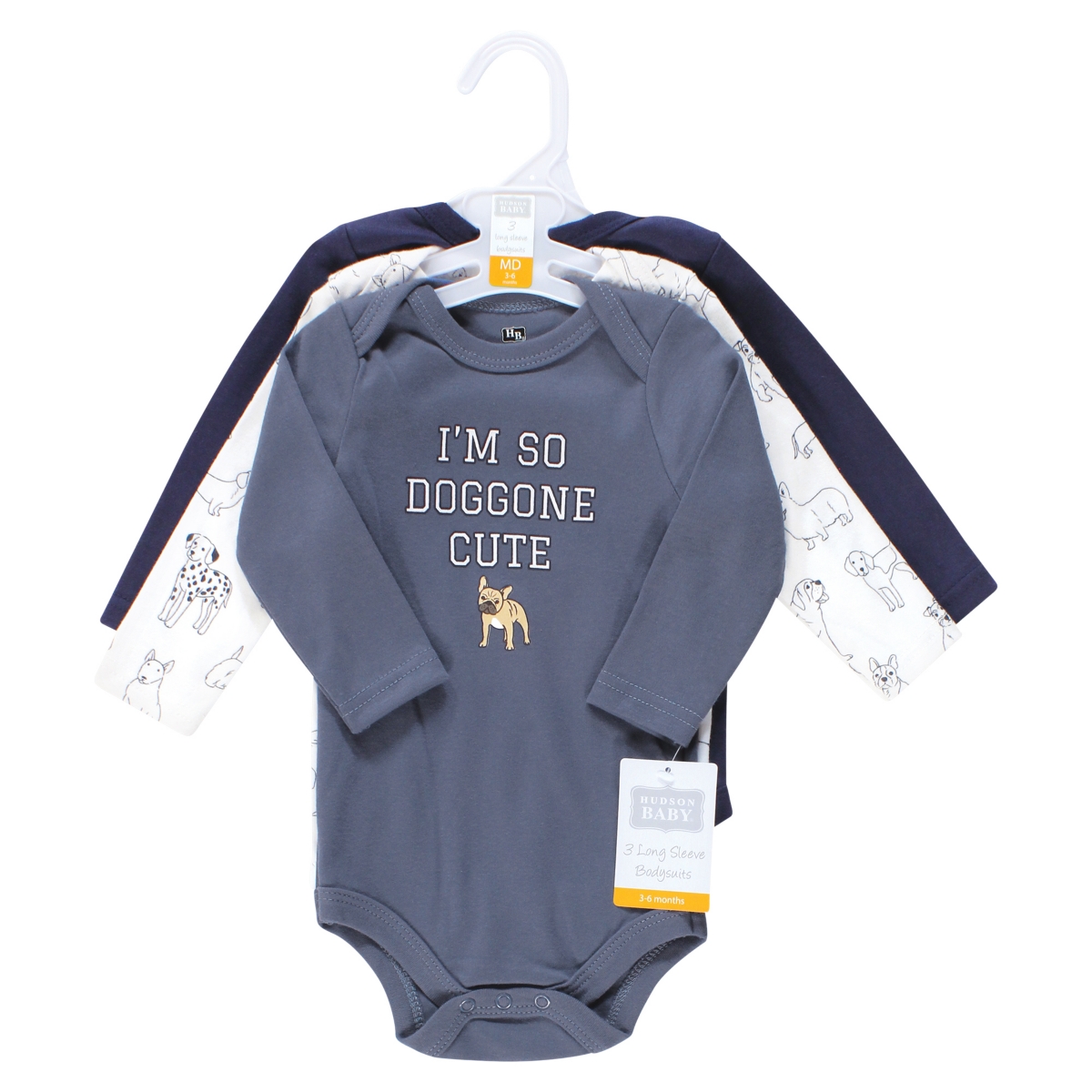 Hudson Baby Baby Boys Hudson Cotton Long-Sleeve Bodysuits Dogs 3-Pack, 6-9 Months
