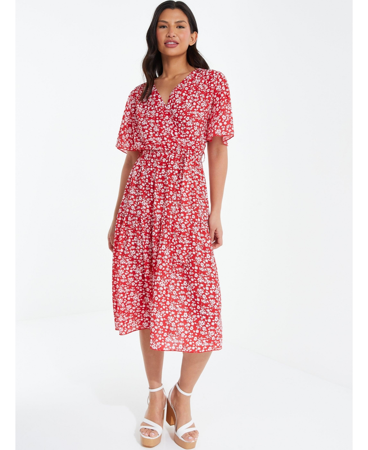Women's Ditsy Print Tiered Midi Dress - Red printed floral