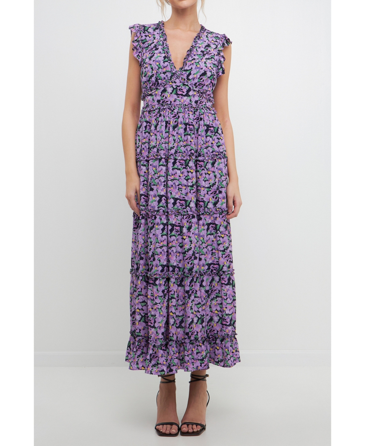 Women's Floral Ruffle Detail Long Dress - Purple multi