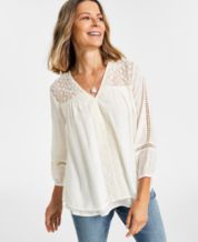 Lands End Womens L White Sheer Embroidered V-Neck Tunic Top Blouse