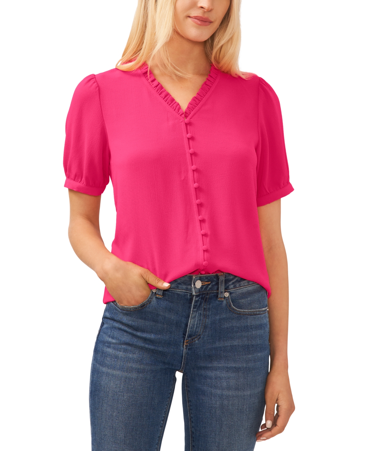 Cece Puff Sleeve Button Front Top In Bright Rose
