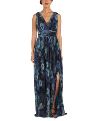 Nightway - Women's Floral V-Neck Sleeveless Side-Slit Gown