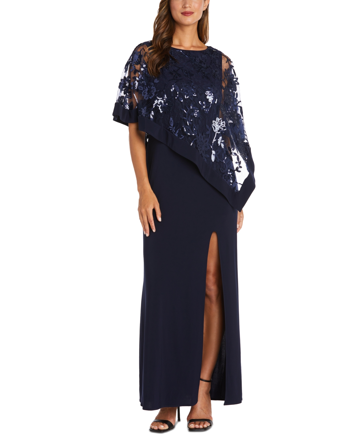 R & M Richards Women's Sequinned Floral-lace-poncho Gown In Navy