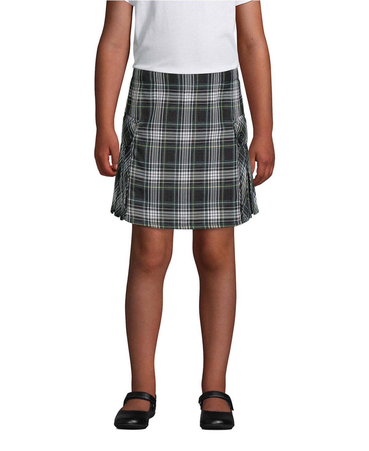 Lands' End School Uniform Girls Child Side Pleat Plaid Skort Above the Knee -evergreen plaid