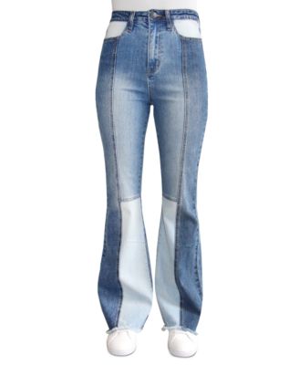Almost Famous - Juniors' Patchwork High-Rise Flared Jeans