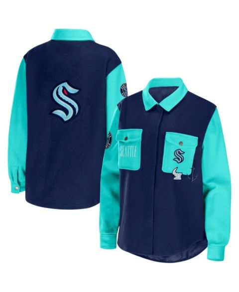 Женские куртки WEAR by Erin Andrews Women's Deep Sea Blue, Light Blue Seattle Kraken Colorblock Button-Up Shirt Jacket