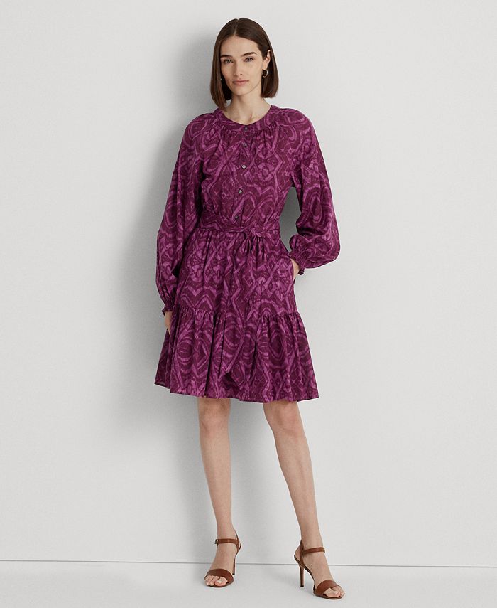 Lauren Ralph Lauren Women's Geo-Print Belted Cotton Voile Dress - Macy's