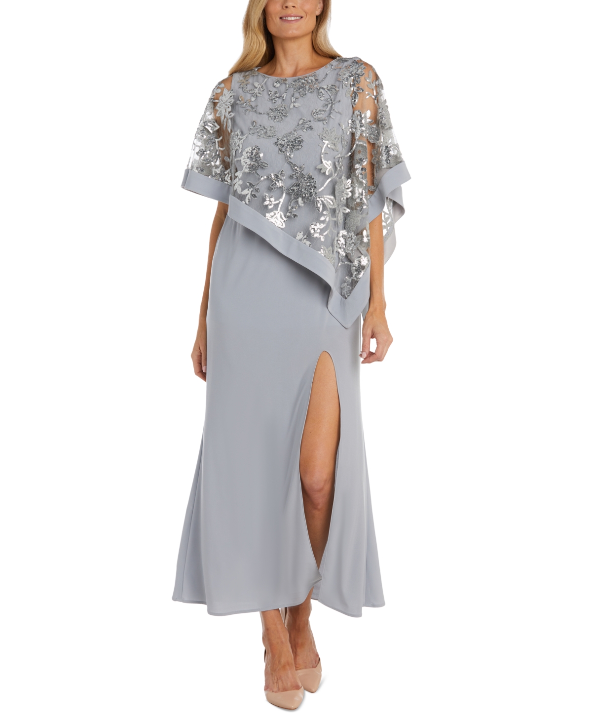 R & M Richards Women's Sequinned Floral-lace-poncho Gown In Silver
