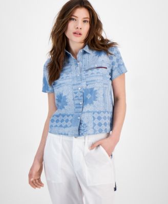 Tommy Jeans Women's Short-Sleeved Bandana-Print Chambray Shirt - Macy's