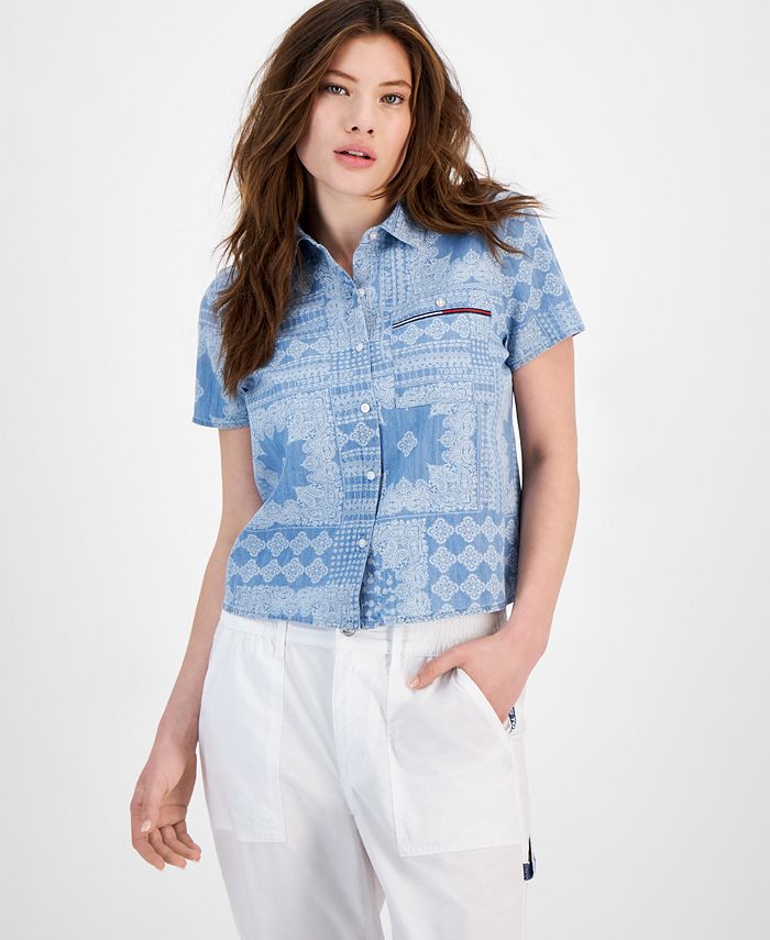 Tommy Jeans Women's Short-sleeved bandana-print Chambray Shirt, Zn, Light Benson, M