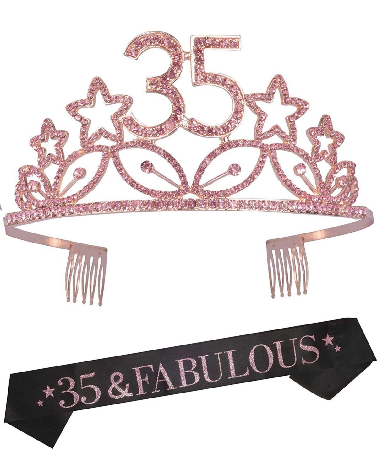 35th Birthday Sash and Tiara for Women - Fabulous Glitter Sash + Stars Rhinestone Pink Premium Metal Tiara for Her, 35th Birthday Gifts for