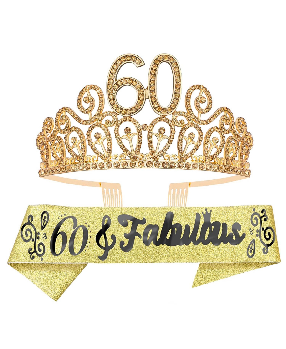 60th Birthday Sash and Tiara for Women - Fabulous Glitter Sash + Ripples Rhinestone Gold Premium Metal Tiara for Her, 60th Birthday Gifts for 60 Party
