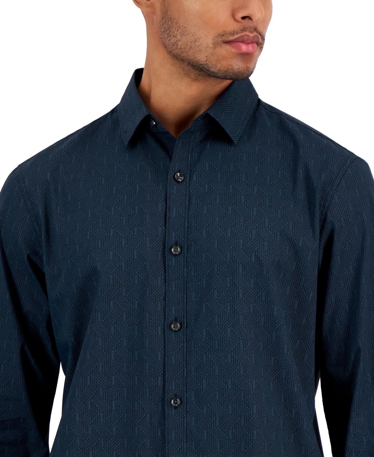 Shop Alfani Men's Long Sleeve Geo Print Button-front Shirt, Created For Macy's In Deep Black