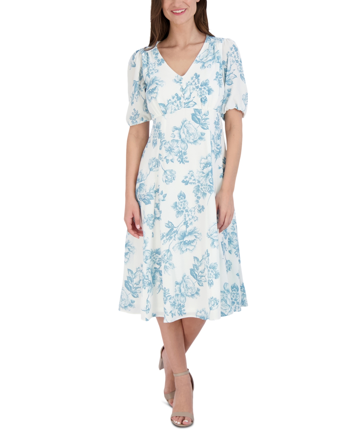 Women's Floral-Print Puff-Sleeve Midi Dress - Ivory/Aqua
