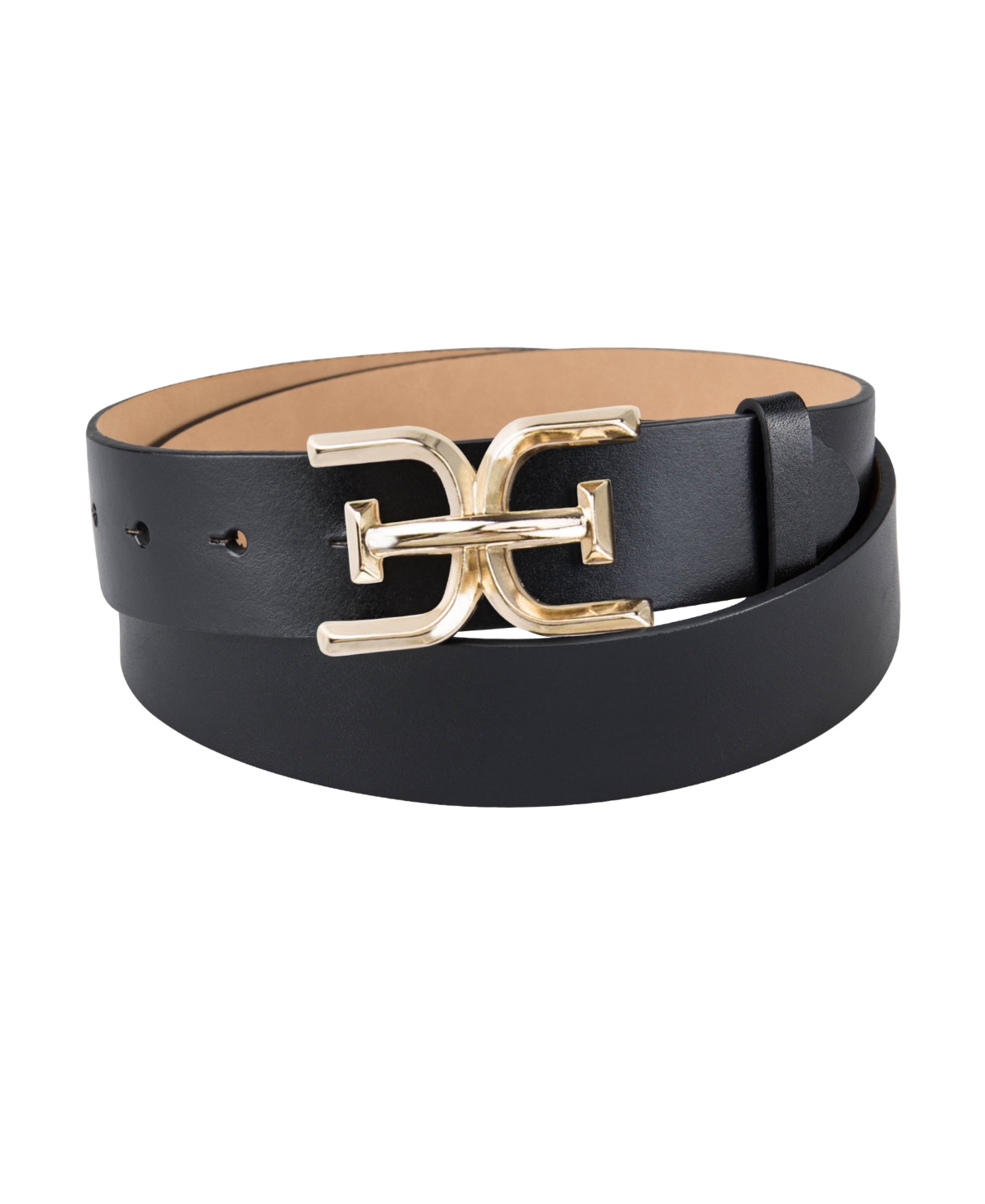 Sam Edelman Women's Brass-Tone Double-e Plaque Buckle Casual Belt - Black