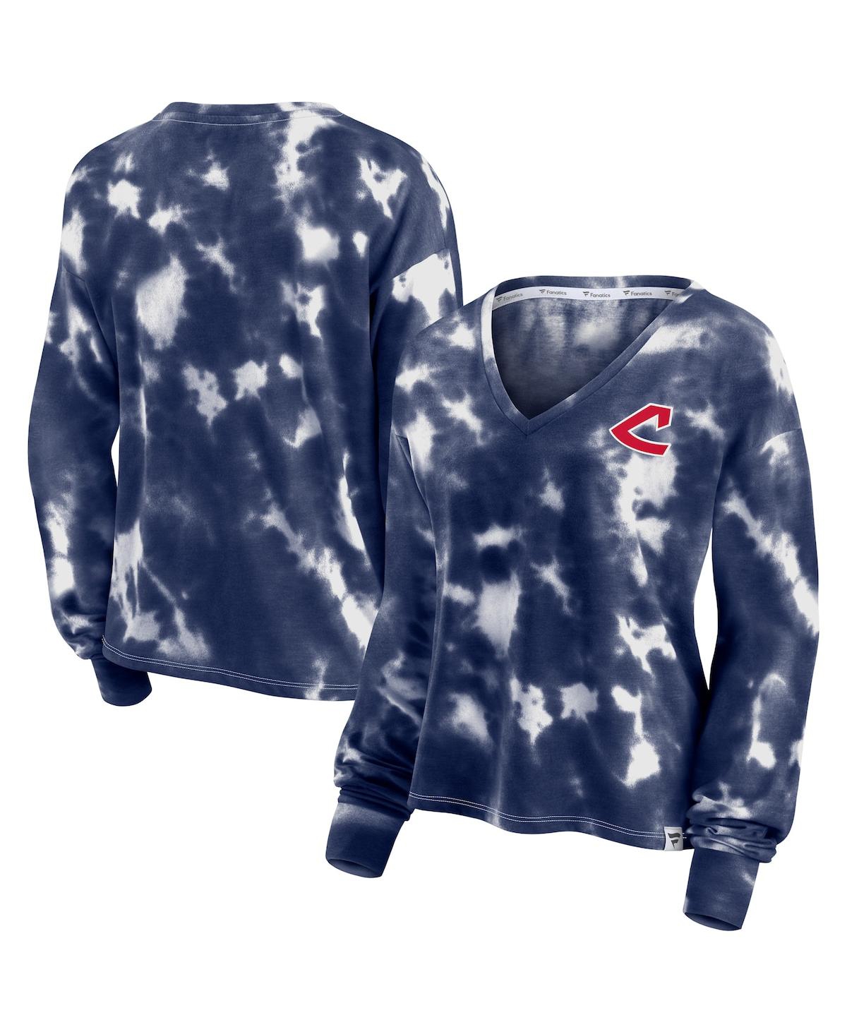 Fanatics Women's  White And Navy Cleveland Guardians Tie-dye V-neck Pullover Cropped T-shirt In White,navy