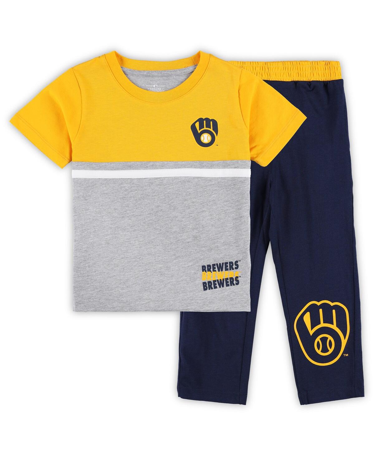 Outerstuff Babies' Toddler Boys And Girls Navy, Gold Milwaukee Brewers Batters Box T-shirt And Pants Set In Navy,gold