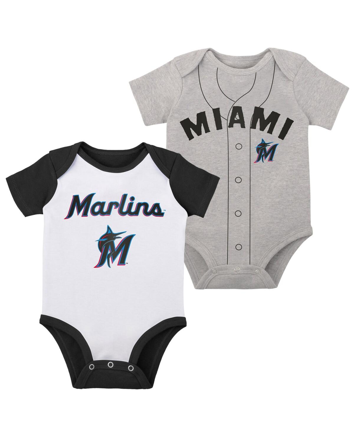Outerstuff Babies' Newborn And Infant Boys And Girls White, Heather Gray Miami Marlins Little Slugger Two-pack Bodysuit In White,heather Gray