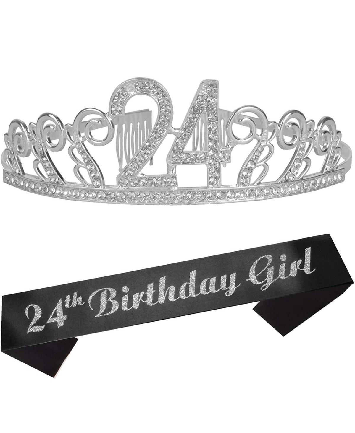24th Birthday Sash and Tiara for Women - Fabulous Set: Glitter Sash + Waves Rhinestone Silver Premium Metal Tiara for Women, 24th Birthday