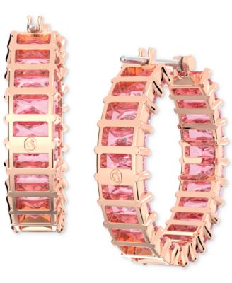 14k Rose Gold-Plated Small Pink Baguette Cubic Zirconia Hoop Earrings, 0.87"