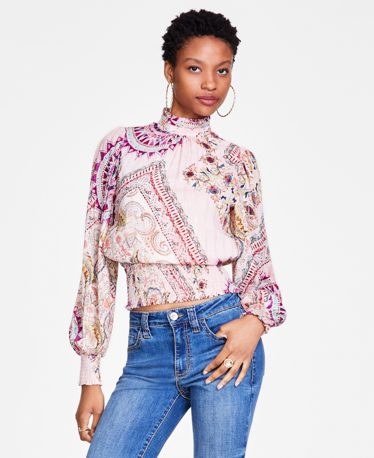 Guess Womens Monique Printed Mock Neck Blouse Sexy Bootcut Mid Rise Denim Jeans In Carousel Print