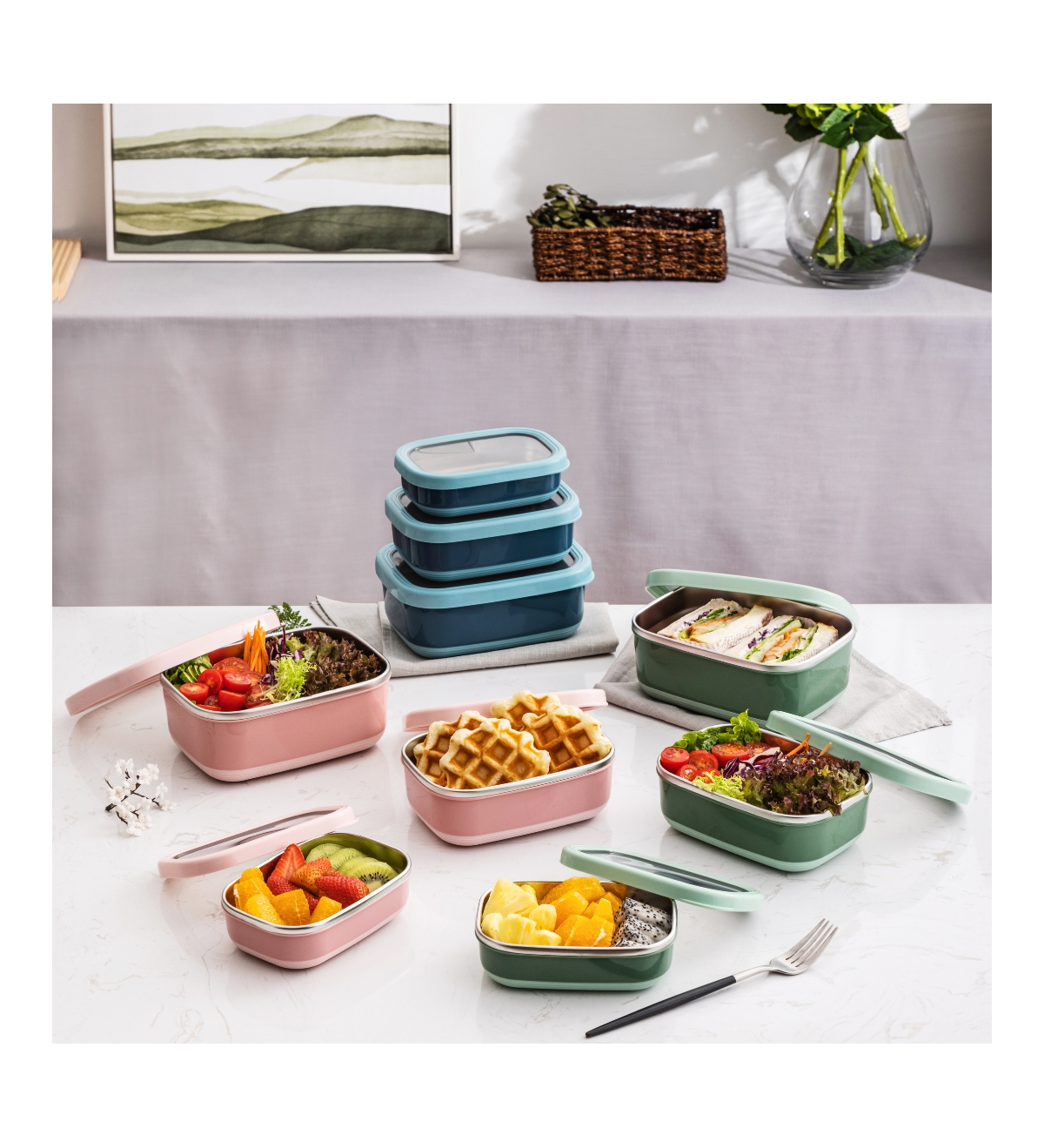 Lille Home Stainless Steel Food Containers, Set of 3, 470ML, 900ML,1.4L,- Dark Blue