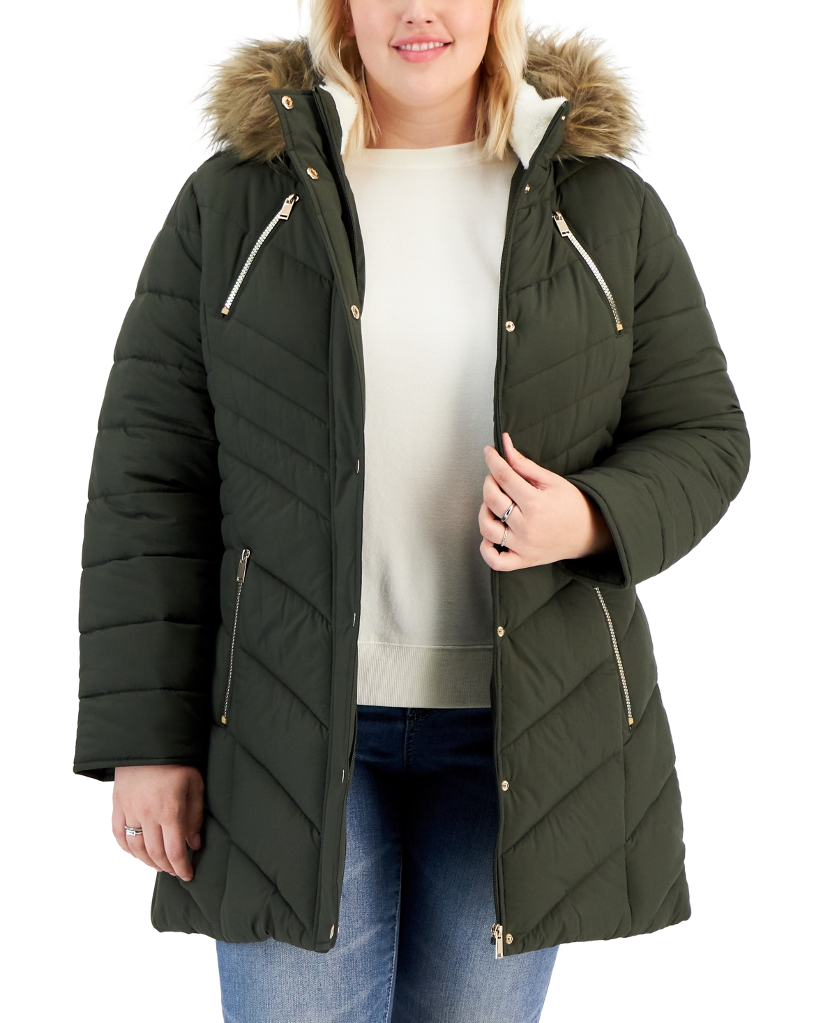 Maralyn & Me Juniors' Trendy Plus Size Faux-Fur-Trim Hooded Puffer Coat, Created for Macy's