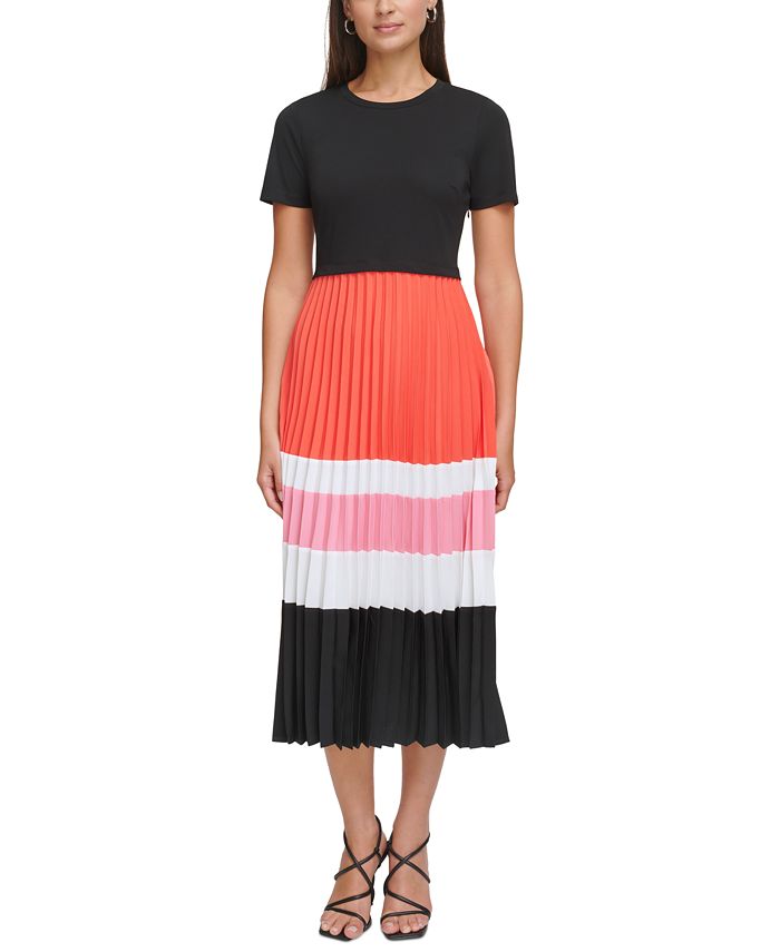 KARL LAGERFELD PARIS Women's Colorblocked Pleated-Skirt Midi Dress - Macy's