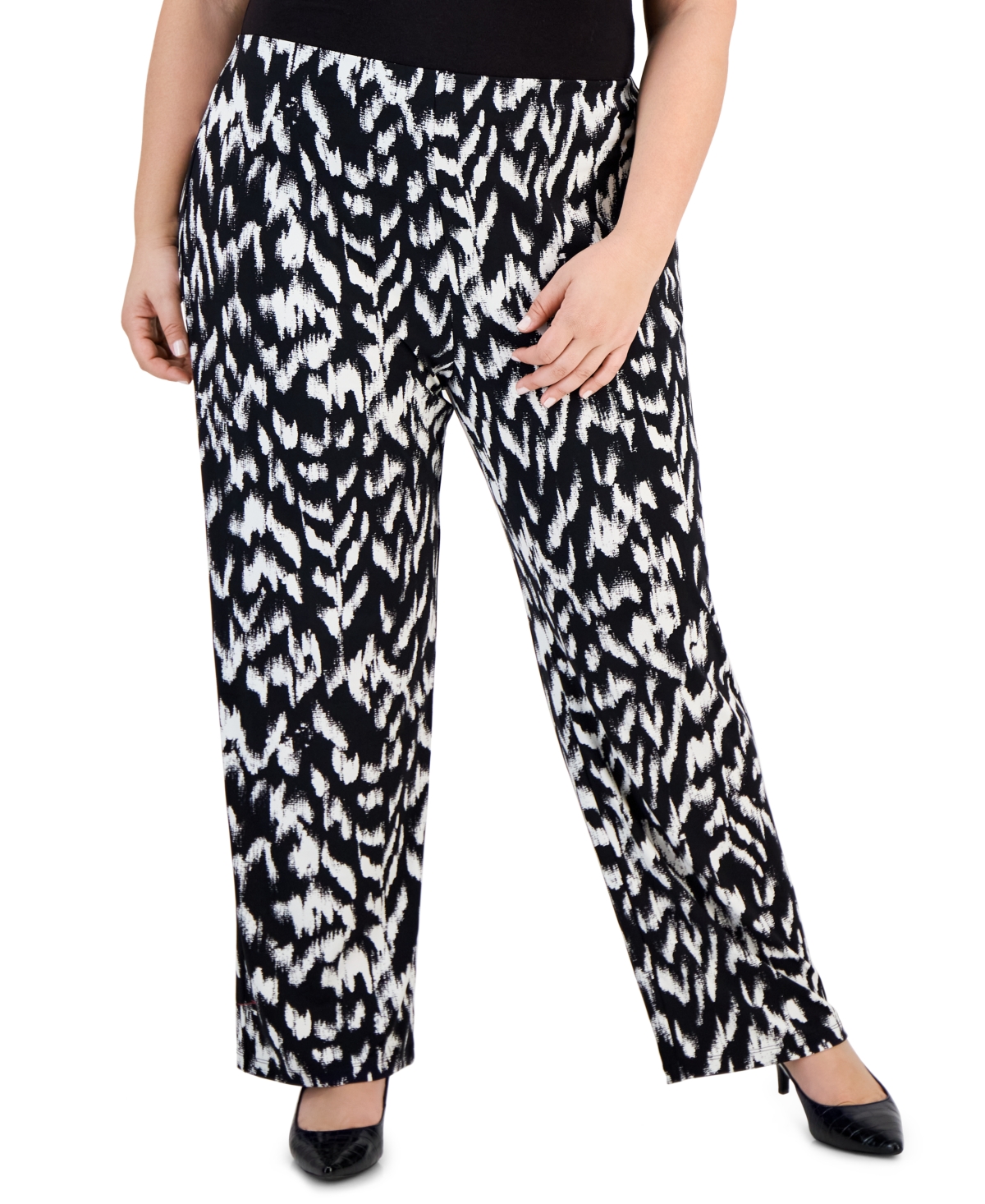 Jm Collection Plus Size Wide-leg Pull-on Pants, Created For Macy's In Deep Black Combo