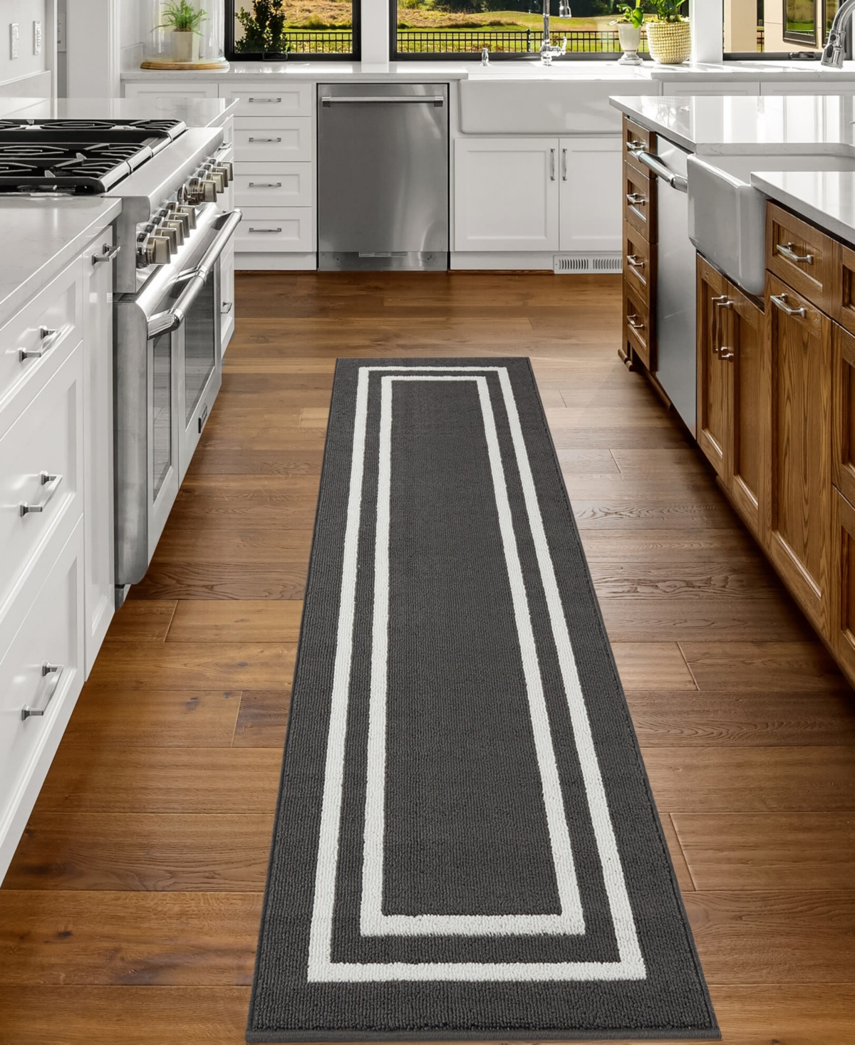 Jean Pierre Double Line Border Tufted - Machine Washable Runner Rug